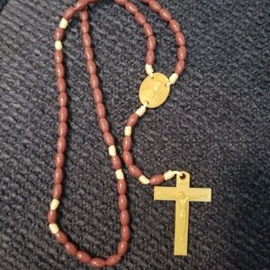 Brown Bead Rosary with Gold-Tone Crucifix